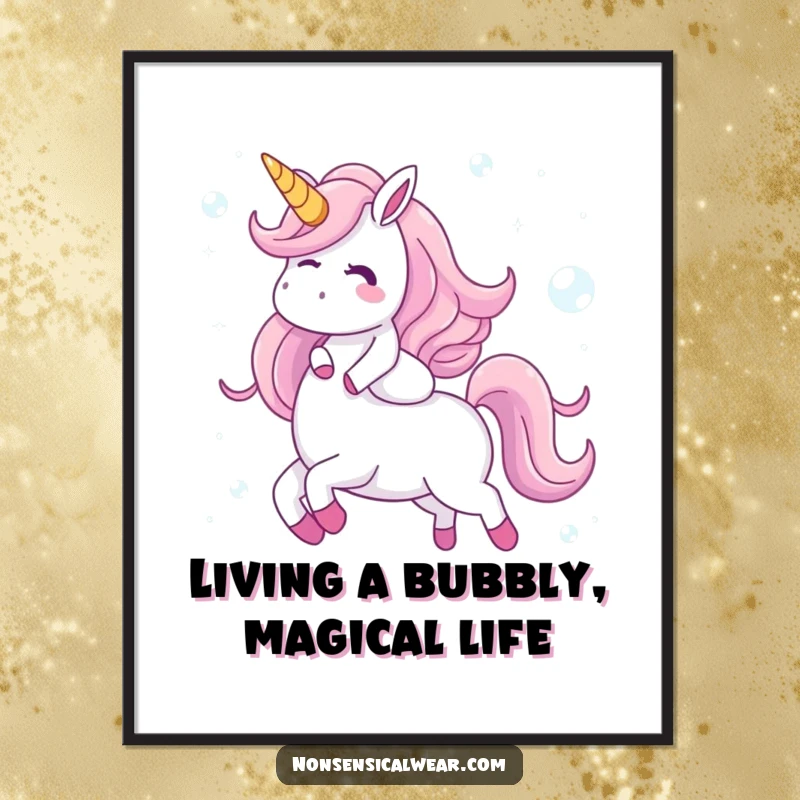 Funny Free Printable Wall Art: Giggling character rides a fantastical unicorn made of iridescent, shimmering bubbles.