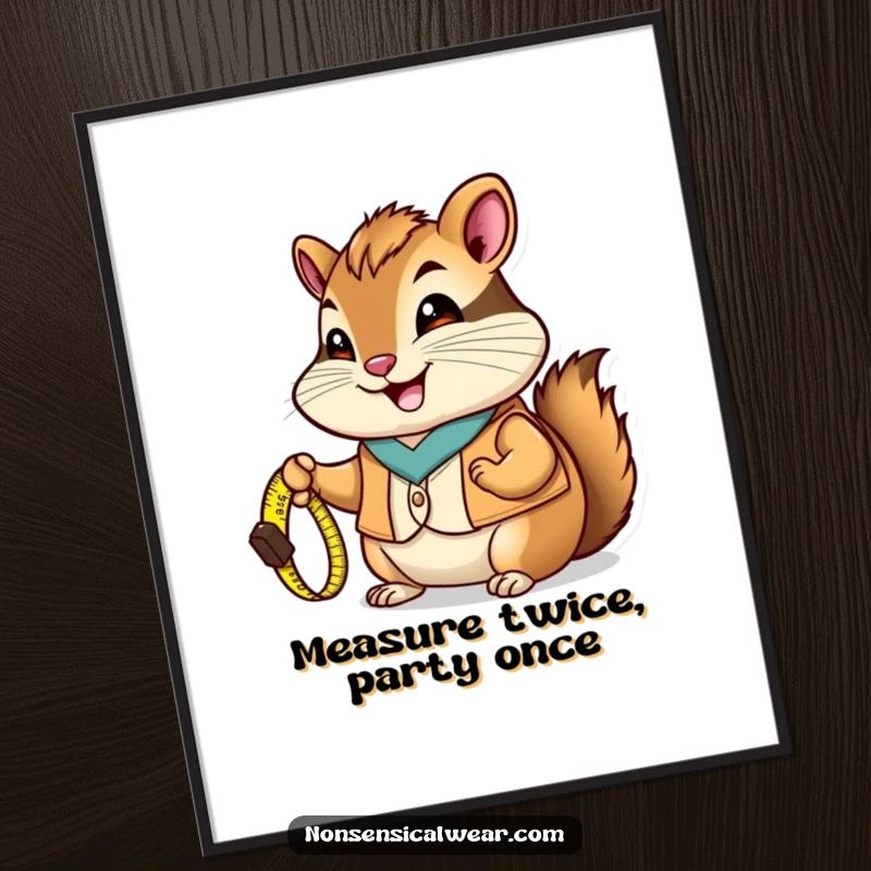 Funny Free Printable Wall Art: A happy chipmunk wearing a vest holds a tiny measuring tape, looking quite pleased.