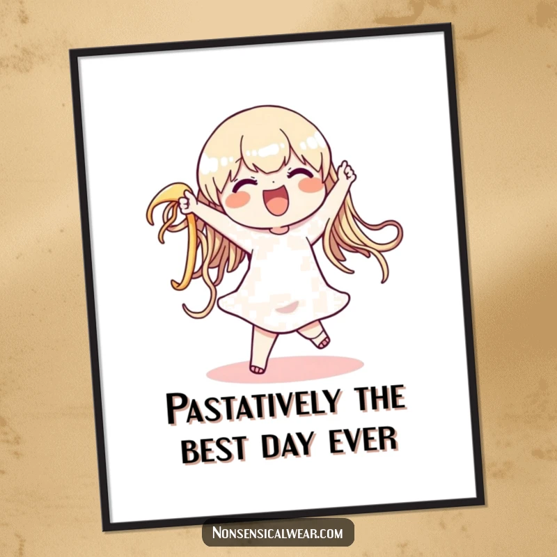 Funny Free Printable Wall Art: Delighted character is captured mid-dance with an oversized, wiggling noodle.