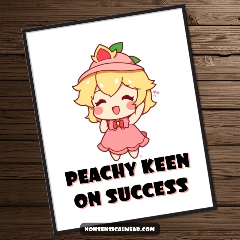 Funny Free Printable Wall Art: A playful peach character enthusiastically trying on a tiny hat with a cheerful expression.