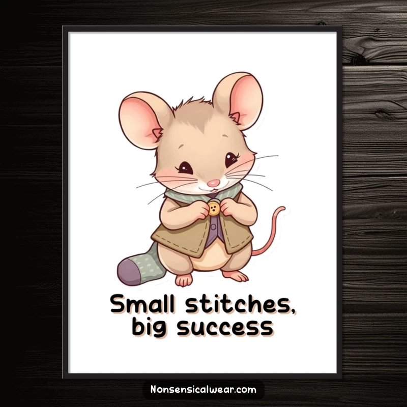 Funny Free Printable Wall Art: Curious mouse in a vest is diligently sewing a button onto a tiny sock.