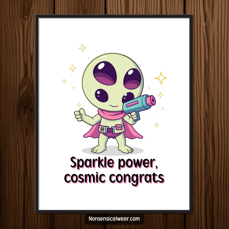 Funny Free Printable Wall Art: A kawaii alien waves a ray gun emitting a shower of bright sparkles, adding cosmic charm to decor.