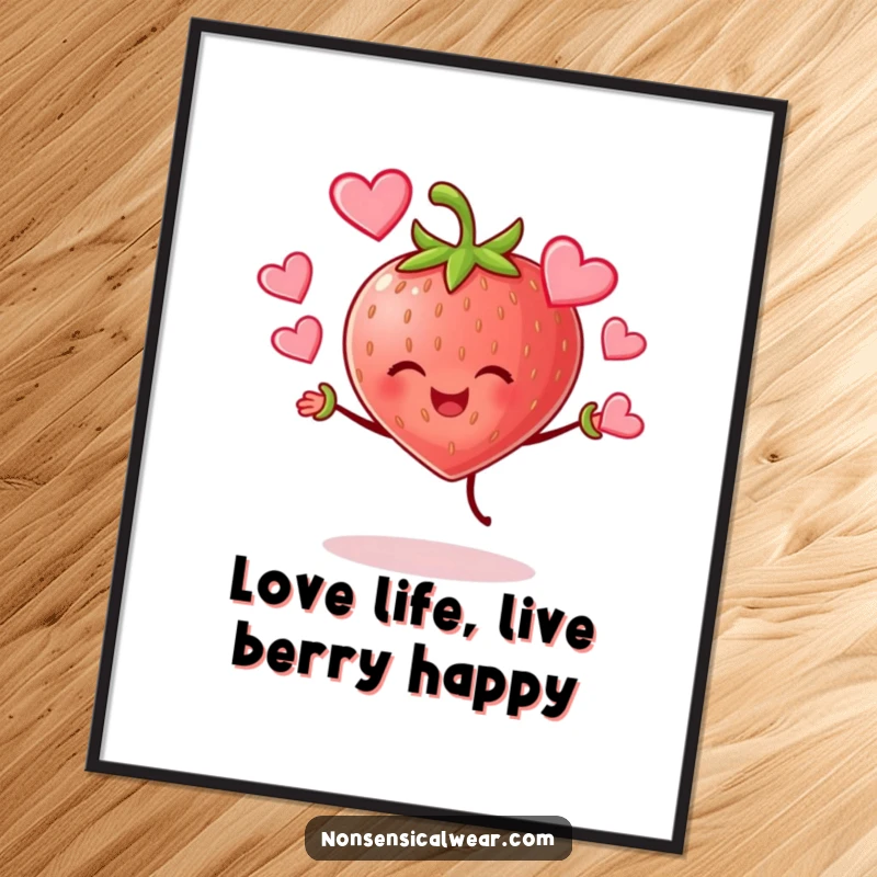 Funny Free Printable Wall Art: A cheerful strawberry character joyfully juggling multiple red hearts in mid-air.