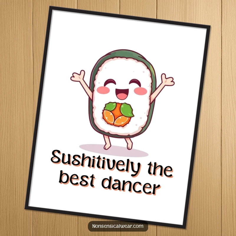Funny Free Printable Sushi Wall Art depicting a delighted sushi roll performing a joyful dance, adding a whimsical touch.