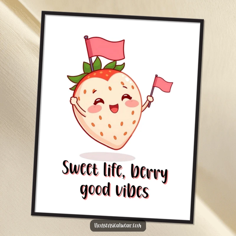 Funny Free Printable Wall Art: A cute strawberry character with tiny arms enthusiastically waving a miniature flag.