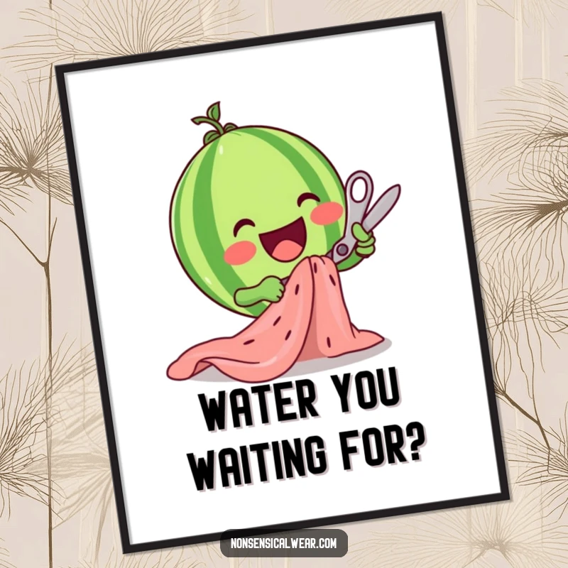Funny Free Printable Wall Art: A delighted watermelon character enthusiastically cutting fabric with scissors with a playful spirit.