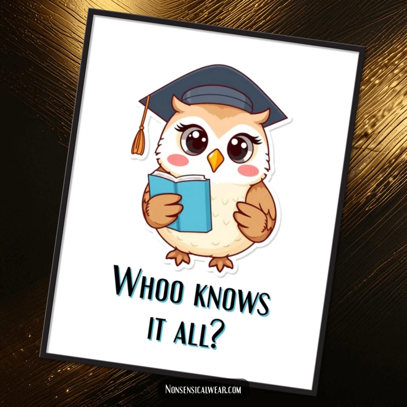 Funny Free Printable Owl Wall Art: Round owl wearing a graduation cap holds a book, looking wise and slightly amused.
