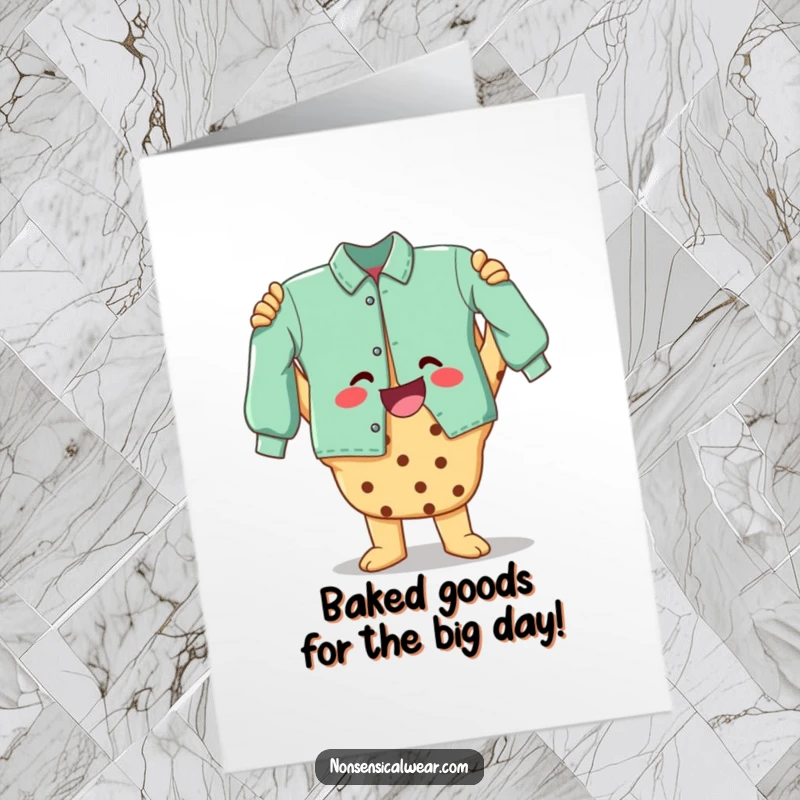 Funny free printable birthday card featuring a joyful cookie character proudly holding a handmade garment, ready to celebrate.