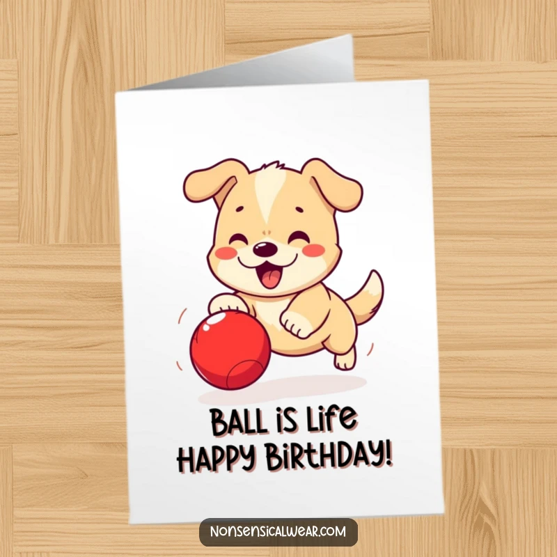 Funny Free Printable Birthday Card: Kawaii dog with huge eyes joyfully chasing a red ball, ready for a surprise.