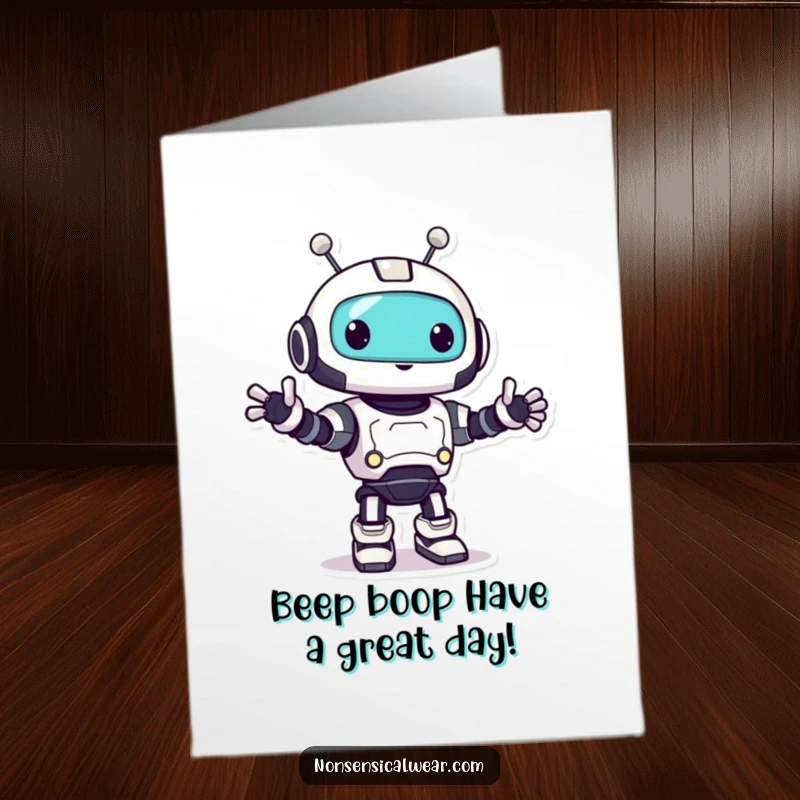 Funny Free Printable Robot Birthday Card: A cheerful robot character joyfully doing a happy little bop dance.