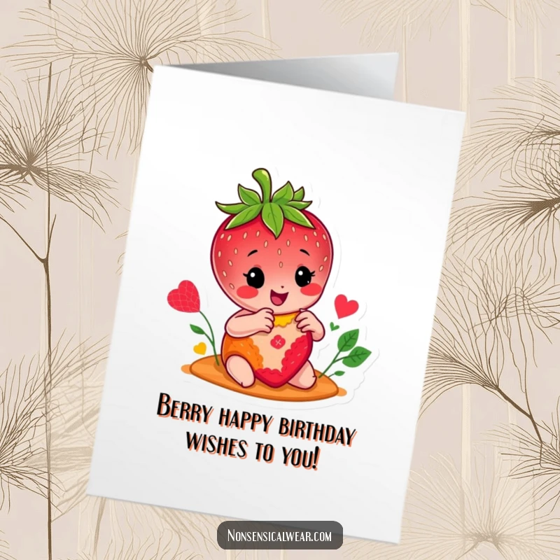 Funny Free Printable Birthday Card: Cheerful strawberry character happily stitching a colorful patch, ready for a DIY celebration.