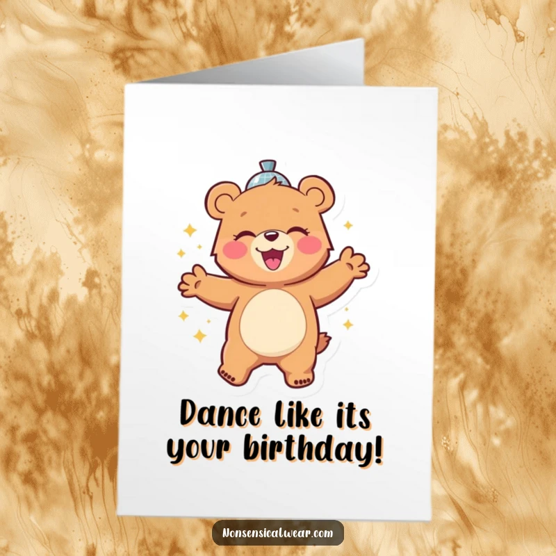 Funny free printable birthday card: a cheerful bear character gleefully dancing with a shiny disco ball, full of party spirit.