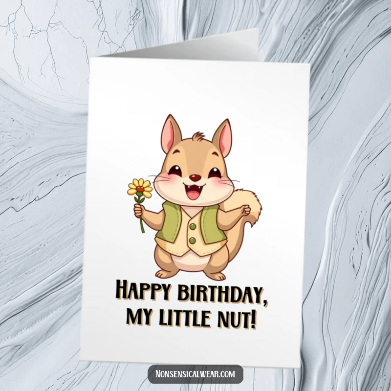 Funny Free Printable Birthday Card: A delighted squirrel in a vest offers a tiny flower, presenting birthday wishes.