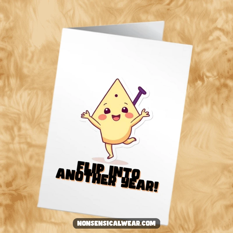 Funny Free Printable Birthday Card: A joyful triangular character performs an energetic cartwheel with a wide smile.