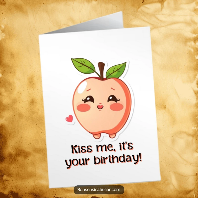 Funny Free Printable Apple Birthday Card featuring a blushing apple happily blowing a kiss, sending sweet birthday wishes.