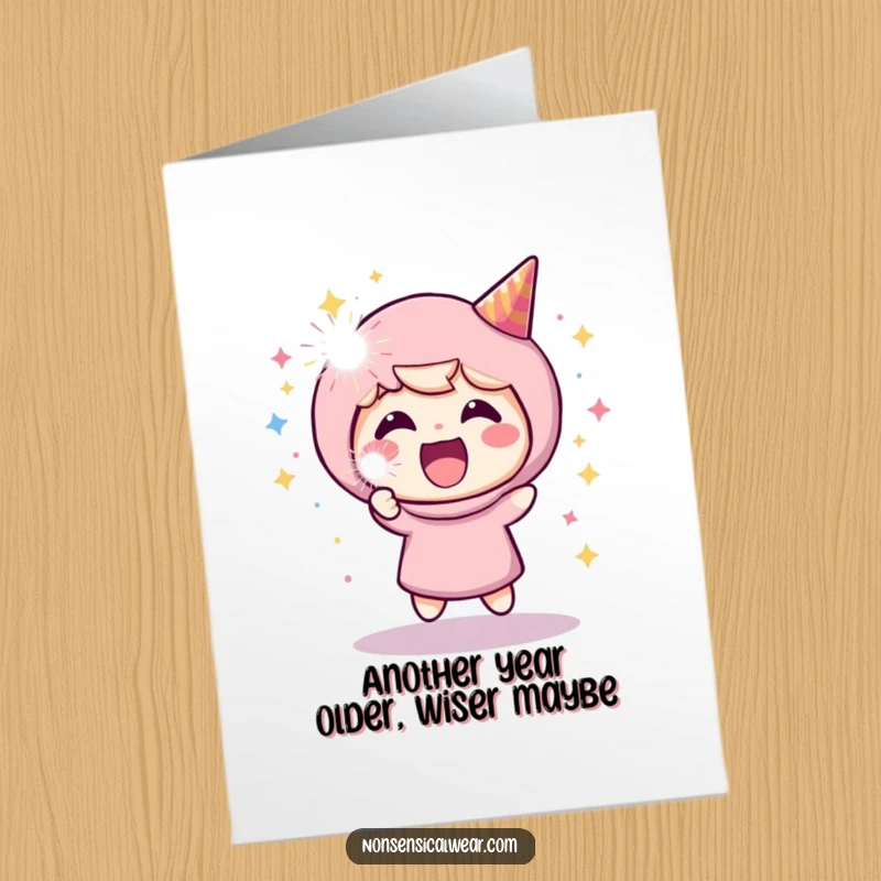 Funny Free Printable Birthday Card: Character gleefully blasts a party popper, showering confetti, perfect for a joyous celebration.