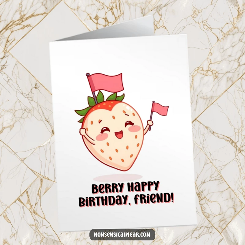 Funny Free Printable Birthday Card: A cute strawberry character with little arms excitedly waving a mini flag.
