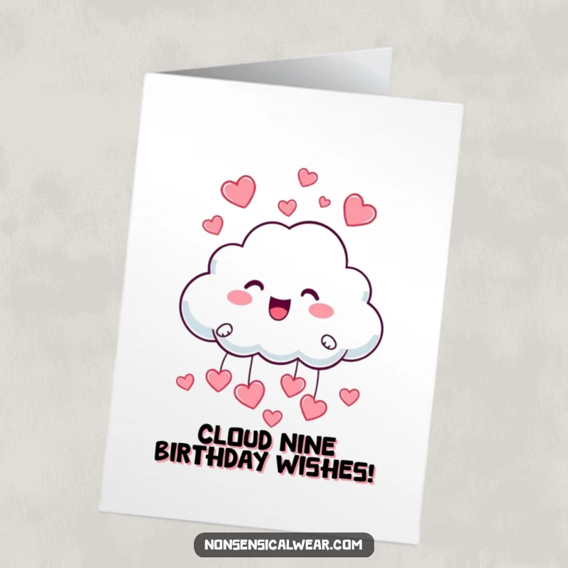 Funny Free Printable Birthday Card: A playful cloud character happily raining down small, cute hearts.