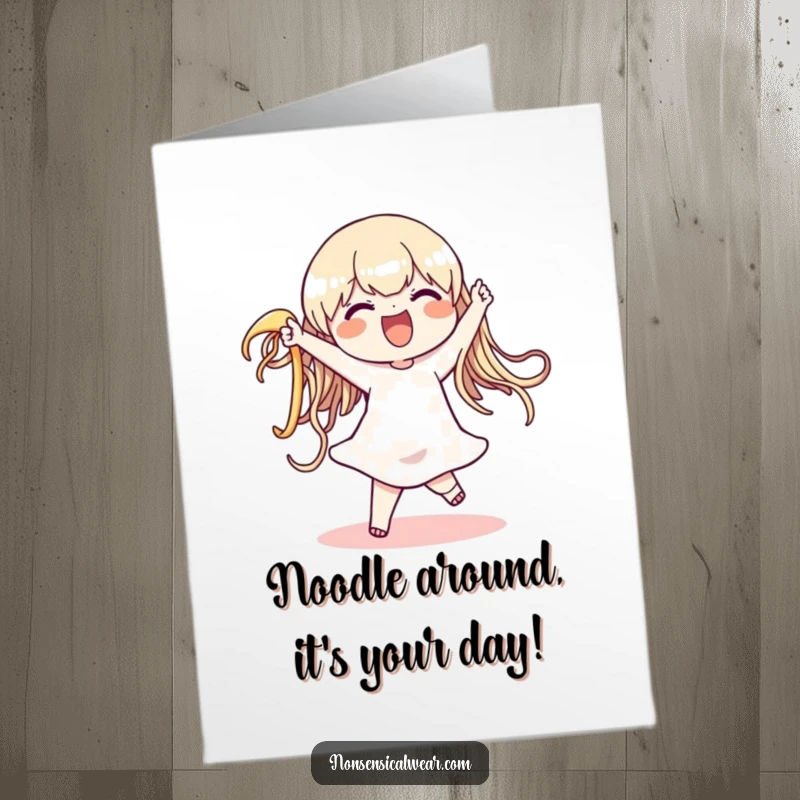 Funny Free Printable Birthday Card: Delighted character joyfully dances with a giant, wiggly noodle, spreading birthday cheer.
