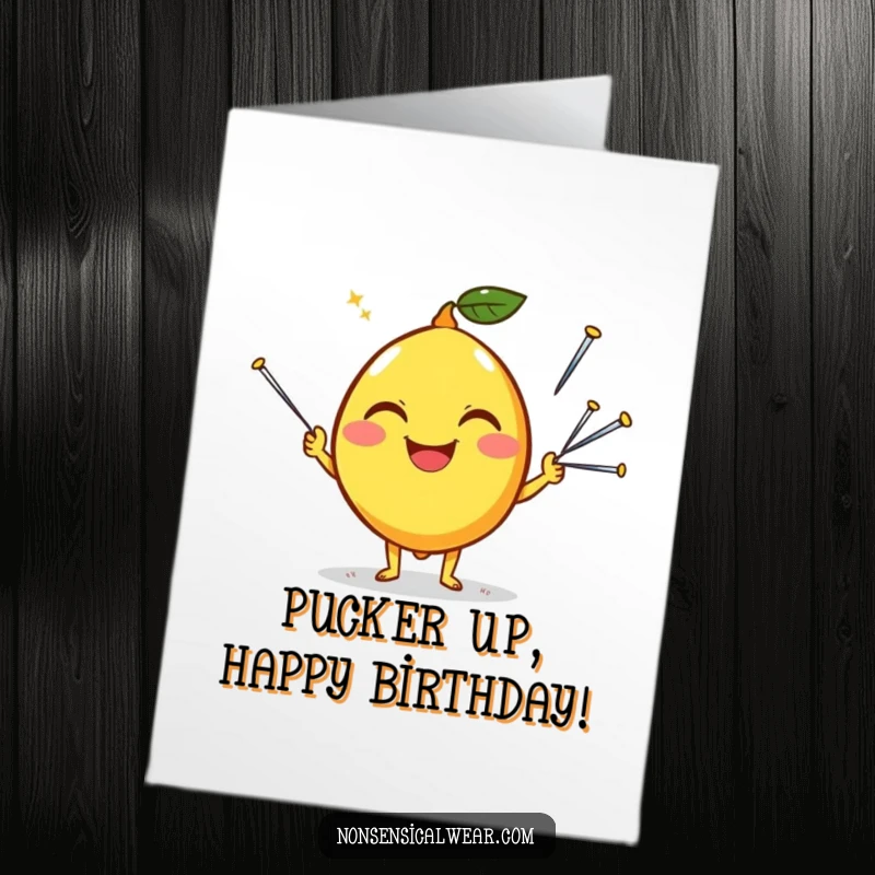 Funny Free Printable Birthday Card: A happy lemon character juggling sharp sewing needles with a silly grin, creating a humorous scene.