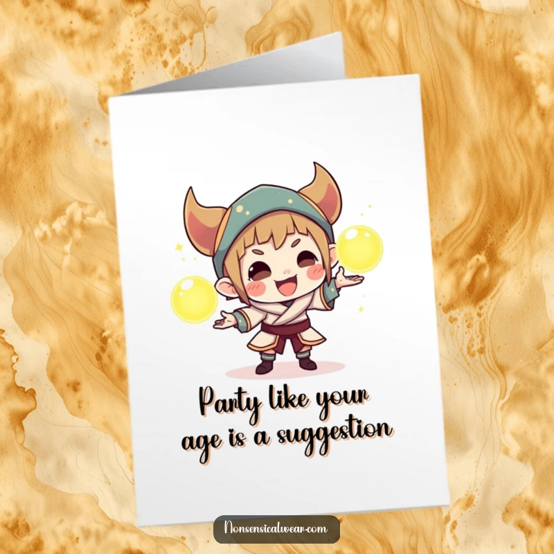 Funny Free Printable Birthday Card: Mischievous character expertly juggles three bright, glowing orbs, hinting at magical birthday wishes.