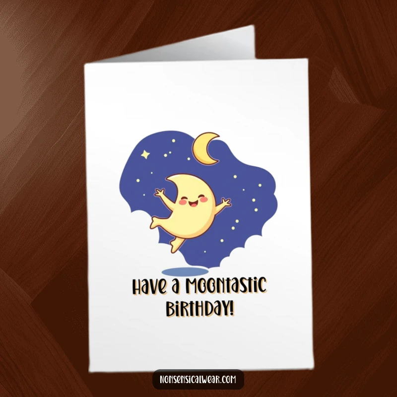 Funny Free Printable Birthday Card: A smiling crescent moon character joyfully performing a cartwheel in the dark night sky.