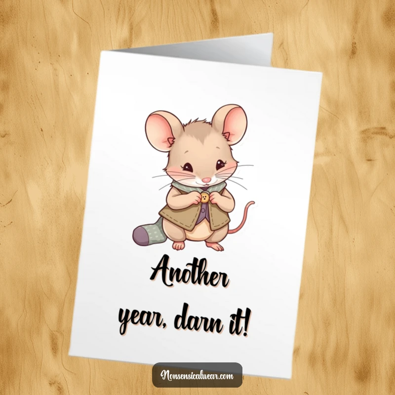 Funny Free Printable Birthday Card: Curious mouse in vest sewing a button onto a sock, ready for a birthday surprise.