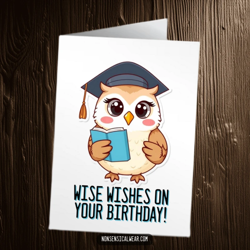 Funny Free Printable Owl Birthday Card: Round owl in graduation cap holds book, offering wise, humorous birthday wishes.