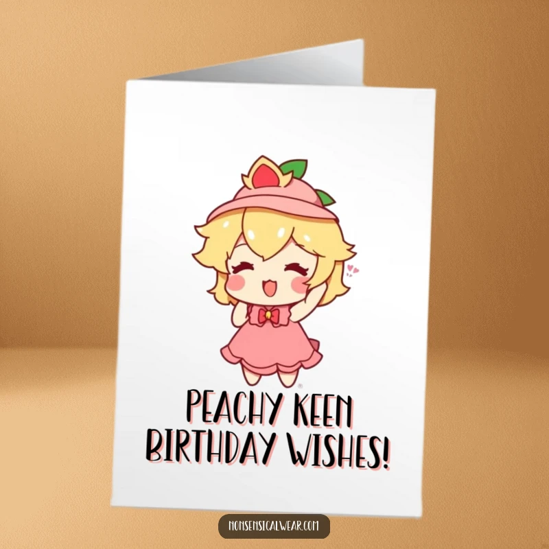 Funny Free Printable Birthday Card: A playful peach character enthusiastically trying on a tiny, fashionable hat.