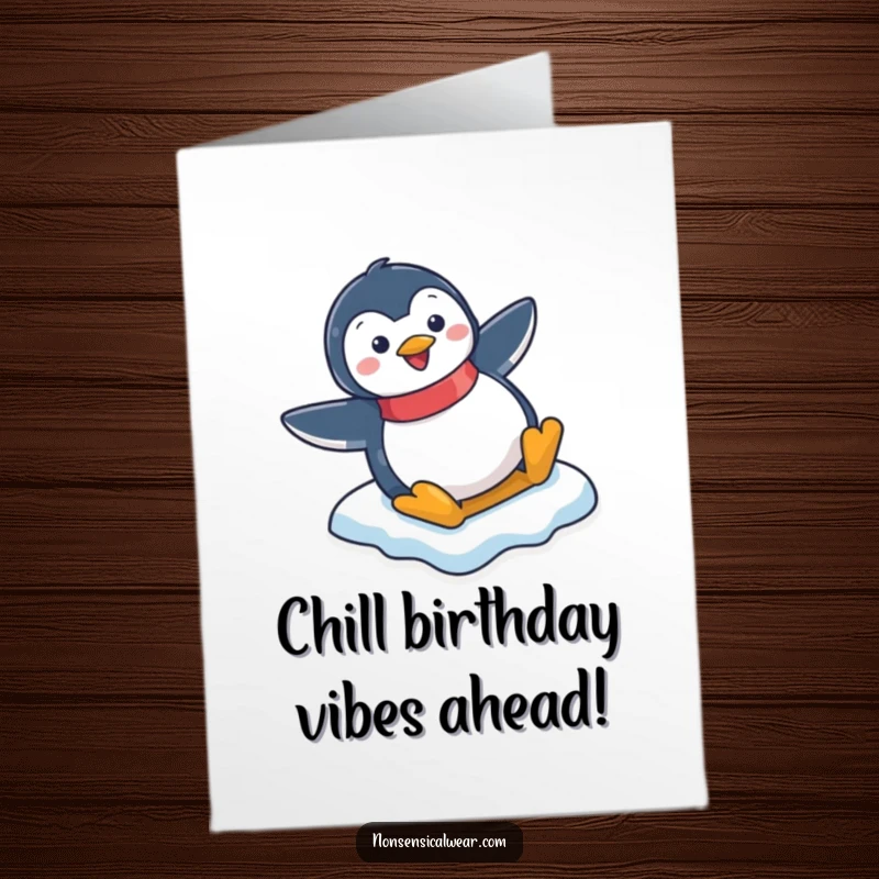 Funny Free Printable Penguin Birthday Card: Joyful character slides down an icy slope with a wide smile, ready for celebration.