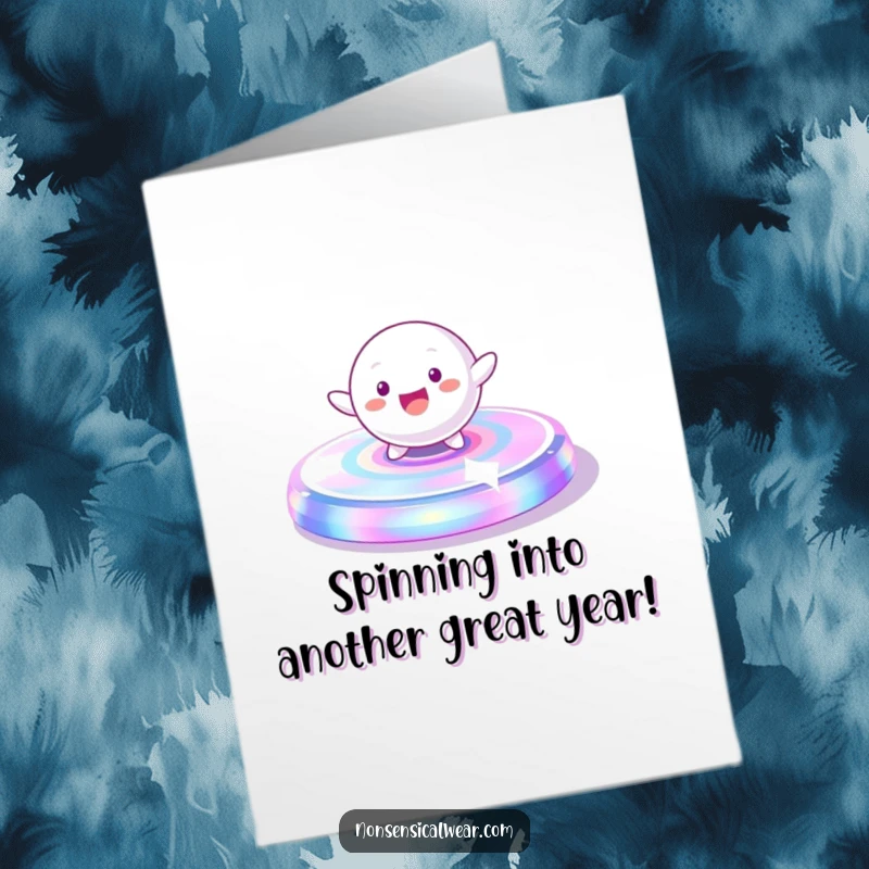 Funny Free Printable Birthday Card: Playful spherical character gleefully spinning on a vibrant platform, a dynamic DIY greeting.