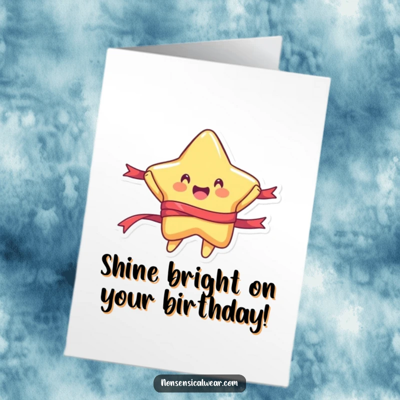 Joyful free printable birthday card: a rounded star character joyfully jumping with a colorful ribbon, radiating happiness.