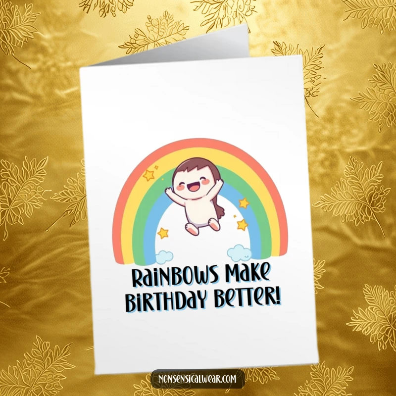 Funny Free Printable Birthday Card: Character slides down a rainbow, laughing hysterically amidst trailing stars.