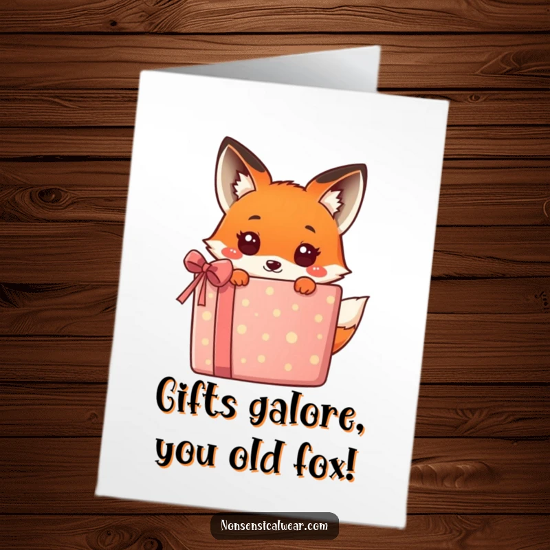 Funny Free Printable Birthday Card: Cute kawaii fox peeking from behind a giant gift, ready to surprise.