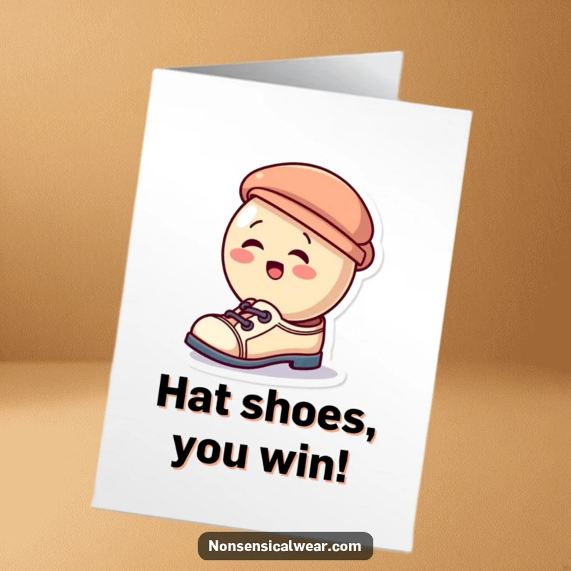 Funny Free Printable Birthday Card: Giggling button wearing a tiny hat as shoes, looking hilariously confused, ready to celebrate.