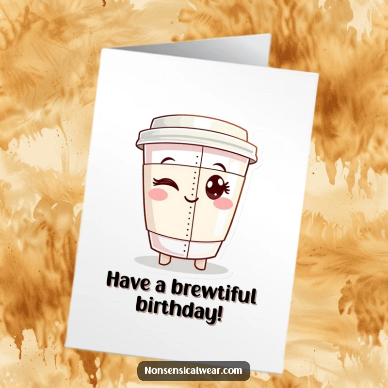 Funny Free Printable Birthday Card: Winking coffee cup character proudly displaying a perfectly sewn seam, ready to celebrate.