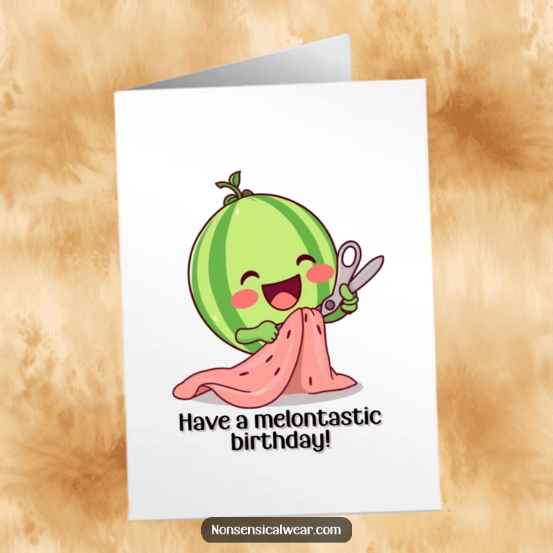 Funny Free Printable Birthday Card: A delighted watermelon character enthusiastically cutting fabric with scissors.