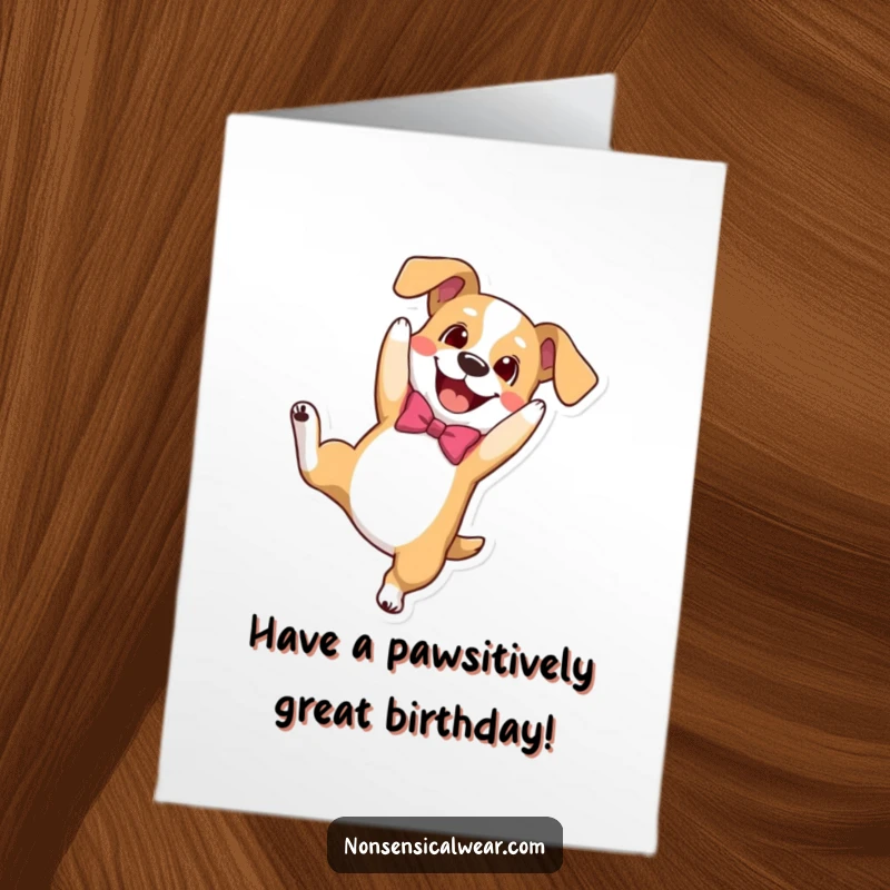 Funny Free Printable Birthday Card: A happy dog in a bow tie does a playful somersault.