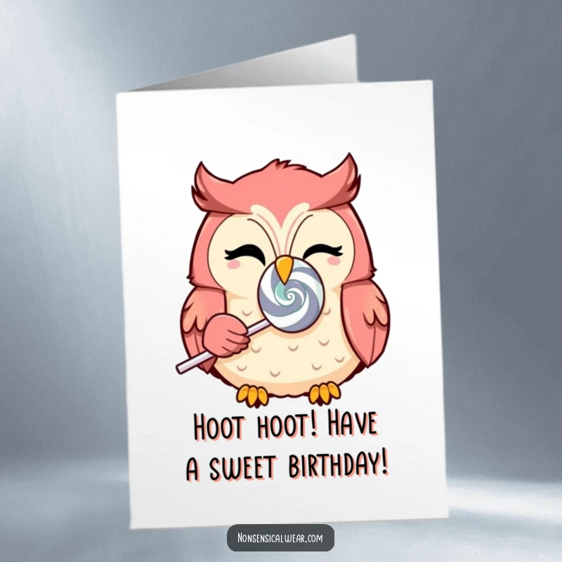 Funny Free Printable Birthday Card: Cute kawaii owl winking mischievously, holding a brightly colored spinning lollipop.