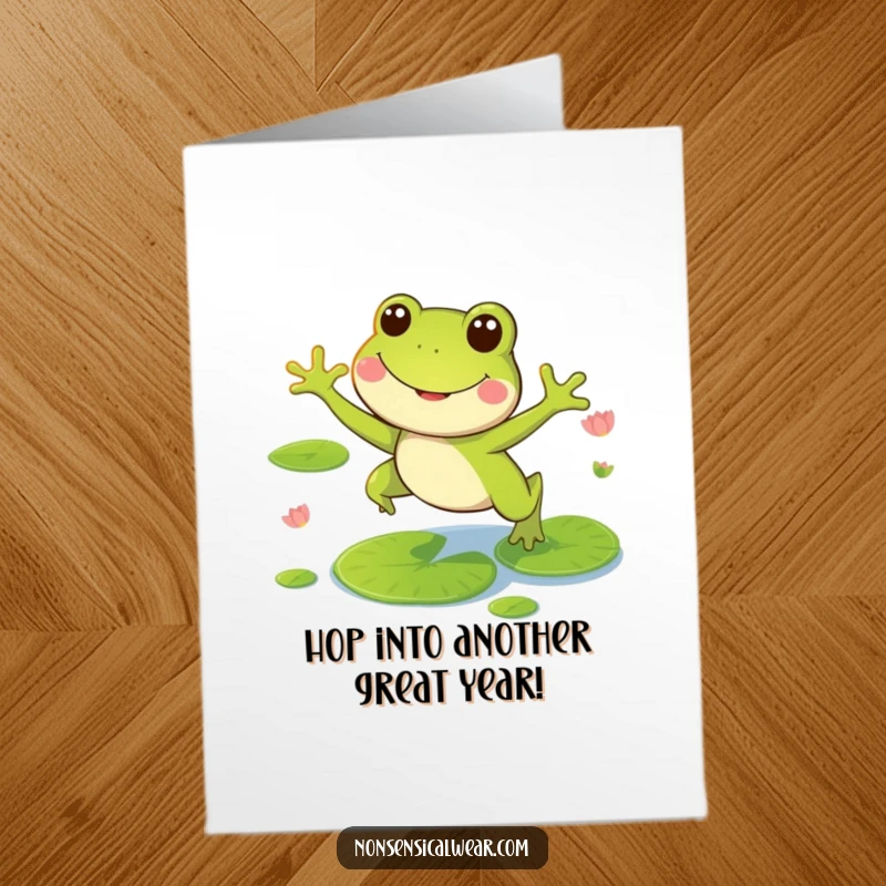 Funny Free Printable Frog Birthday Card: Smiling frog joyfully leaps between green lily pads, celebrating a special day.