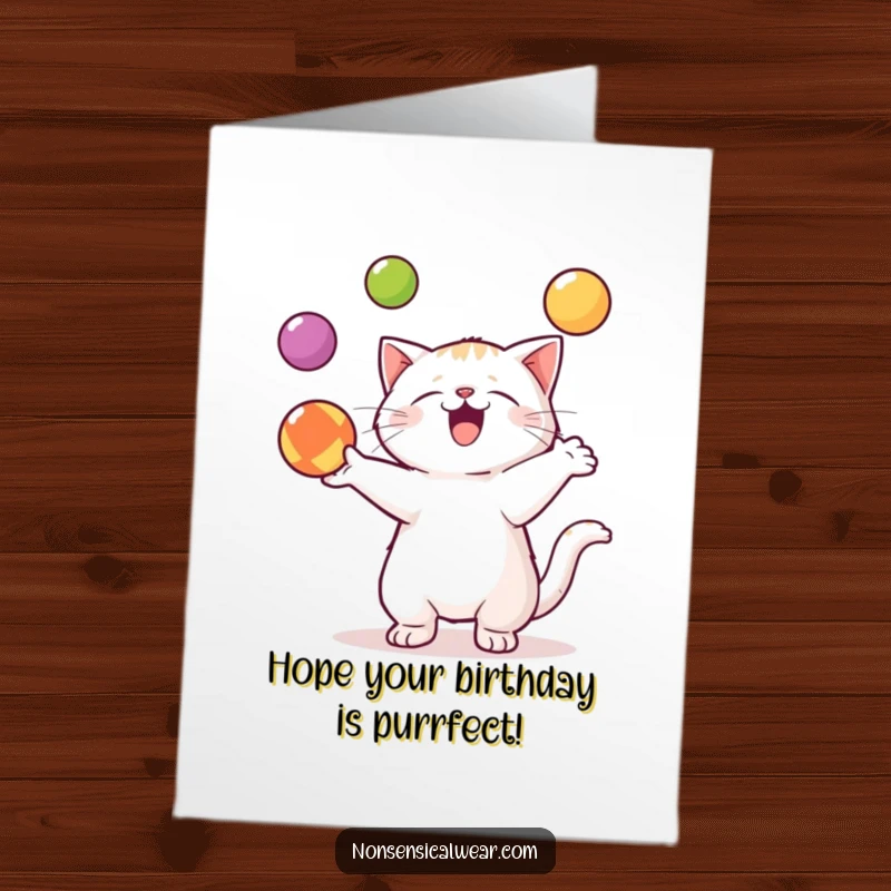 Funny Free Printable Birthday Card showing a kawaii cat skillfully and enthusiastically juggling three colorful balls with a smile.