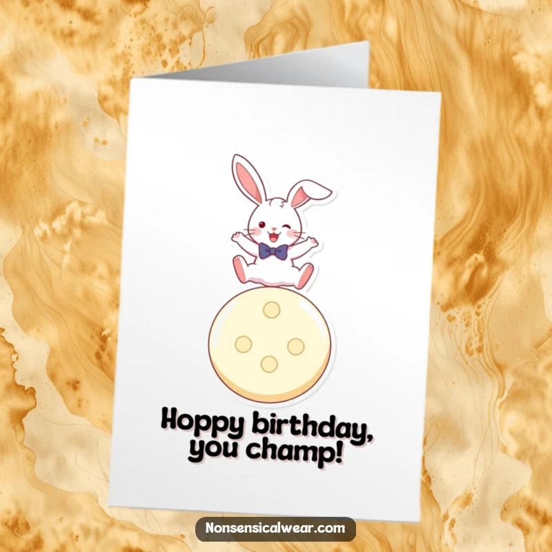 Funny Free Printable Birthday Card featuring a playful rabbit in a bow tie, energetically leaping over a comically large button.