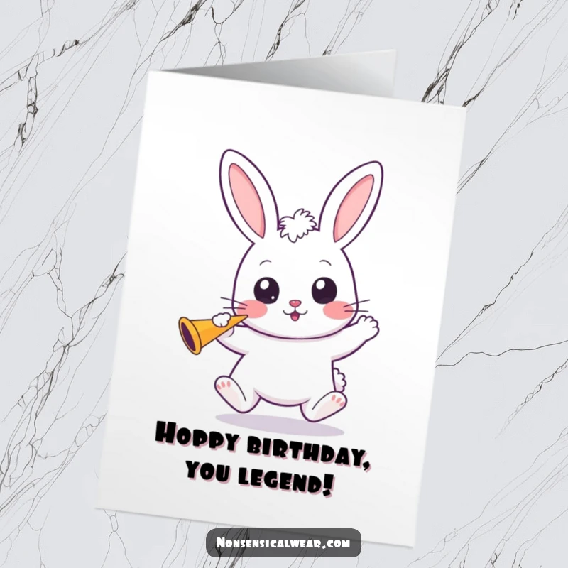 Funny Free Printable Birthday Card featuring a bouncing kawaii bunny with wide eyes, happily blowing a party horn.