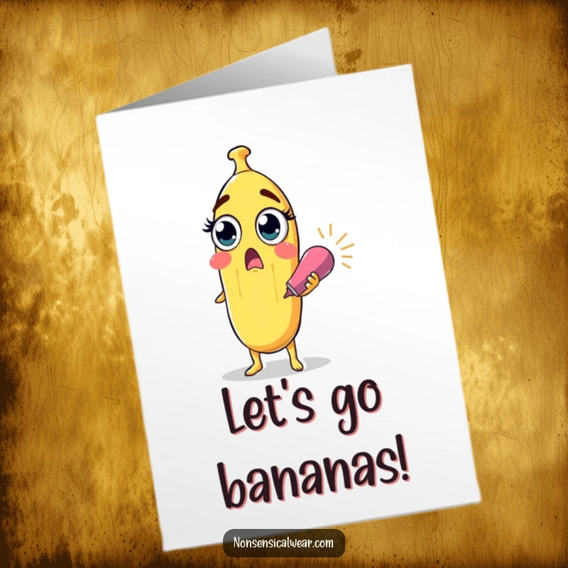 Funny free printable birthday card showing a surprised banana character with wide eyes holding a bursting party popper, ready for a wild celebration.