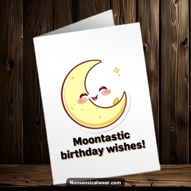 Happy free printable birthday card: a crescent moon character winking playfully and spinning, embodying nocturnal birthday wishes.
