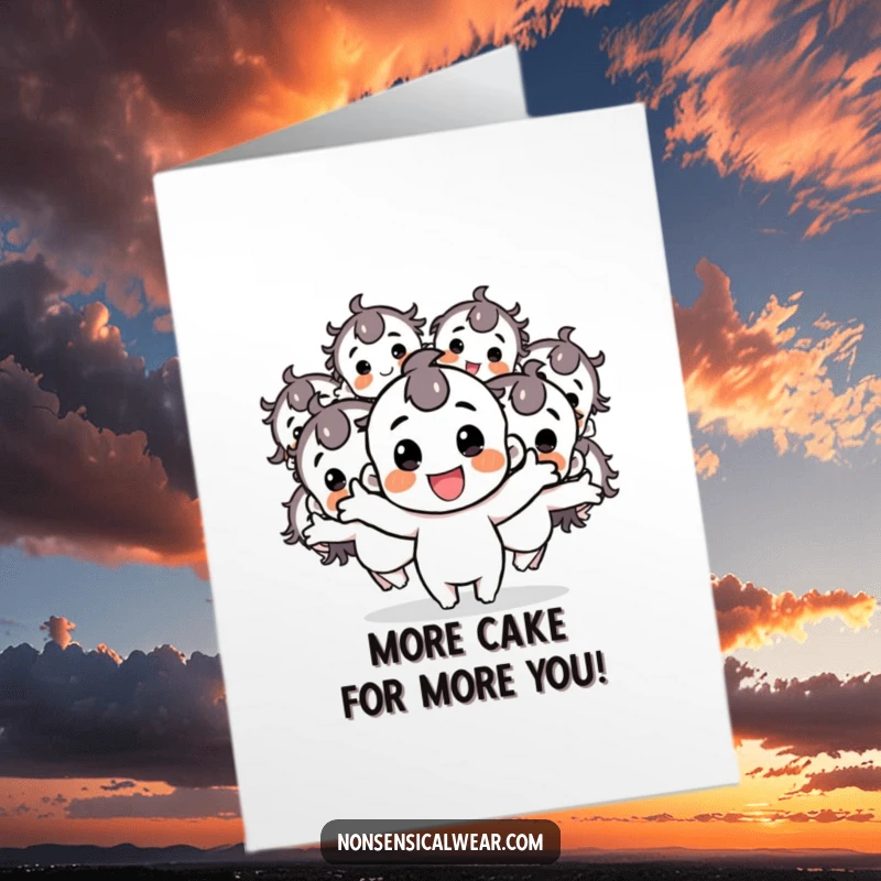 Funny Free Printable Birthday Card: A happy character has split into multiple bouncing copies, spreading contagious joy and birthday cheer.