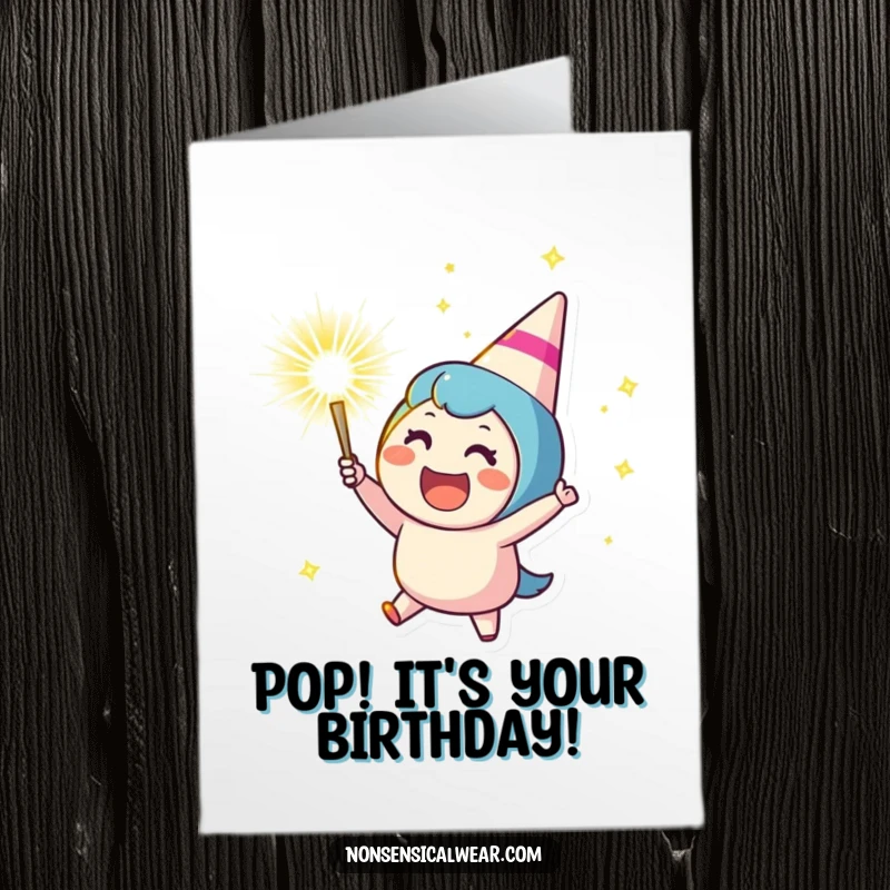Funny Free Printable Birthday Card: Cheering character gleefully launches a sparkling party popper, showering confetti.
