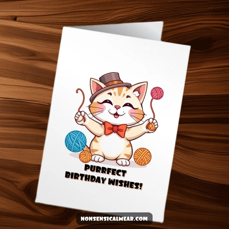 Funny Free Printable Birthday Card: A smiling cat in a bowtie and top hat juggles yarn balls.
