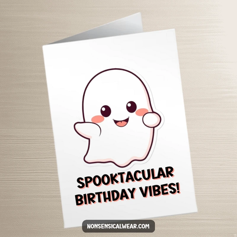 Funny Free Printable Birthday Card: A giggling ghost character playfully peeking from behind a large, bright yellow smile.