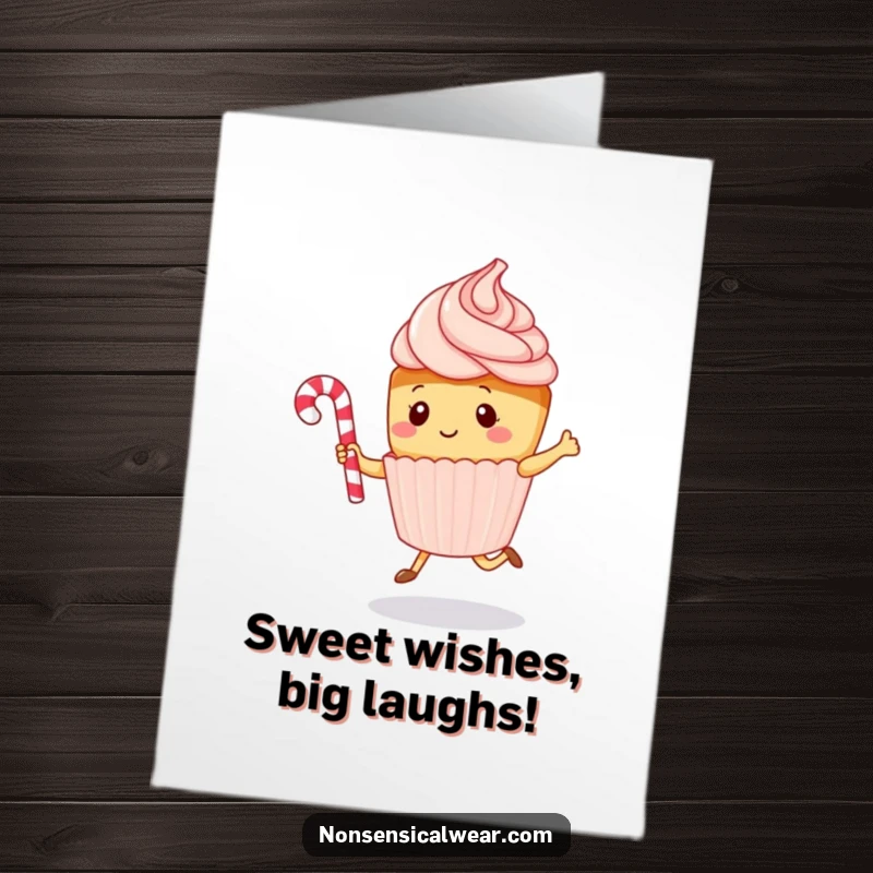 Funny free printable birthday card featuring a kawaii cupcake character playfully jumping rope with a candy cane, designed for a sweet celebration.